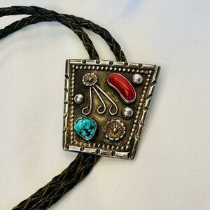 Vintage Sterling Silver Turquoise and Red Coral Navajo Native American Bolo Tie
